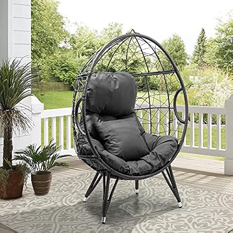 Crestlive Products Patio Wicker Egg Chair with Cushion and Pillow, PE Rattan Hanging Basket Lounge Chair with Legs, Teardrop Cuddle for Indoor Outdoor Bedroom Garden Deck Balcony (Dark Gray) Cover