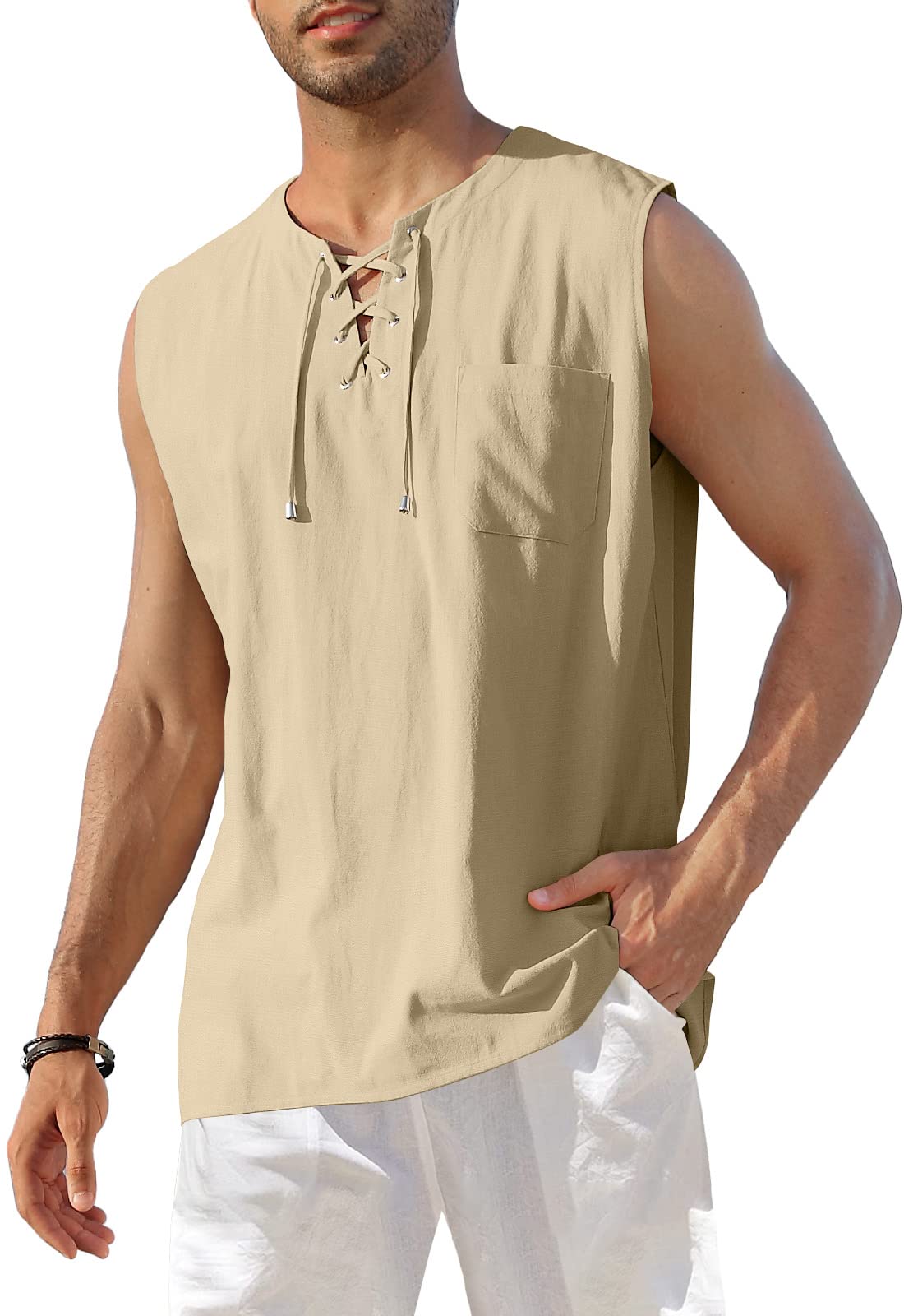 KUYIGO Herren Baumwolle Leinen Weste ärmellos Henley Shirt Casual Lace Up Strand Hippie Tops