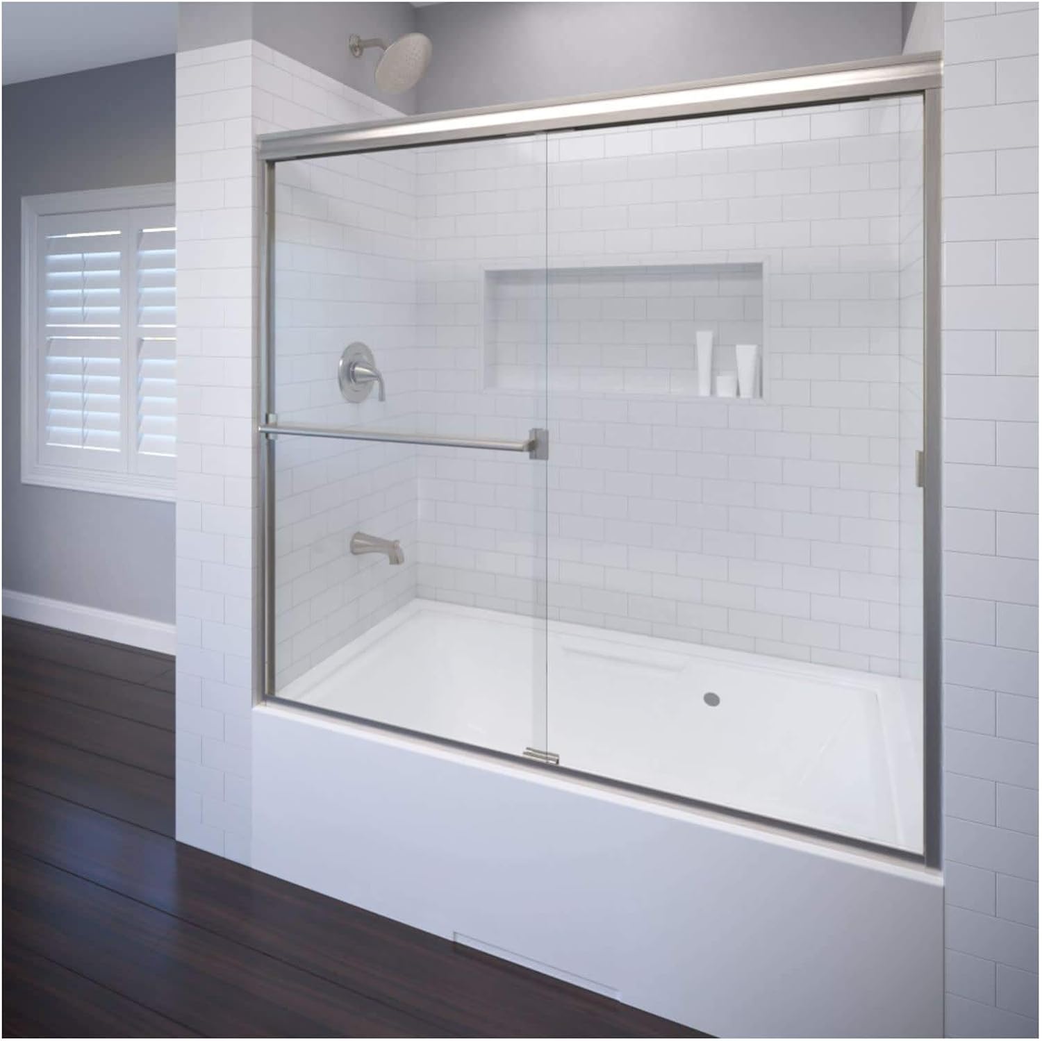 Basco Shower Door Classic Semi-Frameless Sliding Tub Door 52-56 in. W x 56 in. H, 3/16 in. Clear Tempered Glass, Brushed Nickel