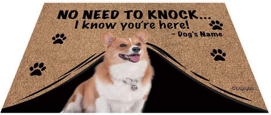 BAGEYOU Personalized Dog's Name Doormat with My Love Dog Corgi Welcome Floor Mat No Need to Knock I Know You're Here 23.6 X 15.7