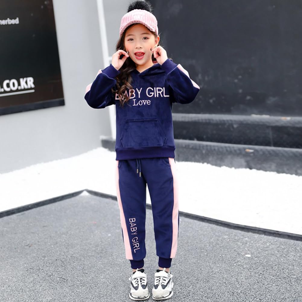 Conjunto Sudadera con Capucha y Pantalones para Niñas Ropa Deportiva Engrosamiento Chándal Terciopelo Dorado para 4-14 Años