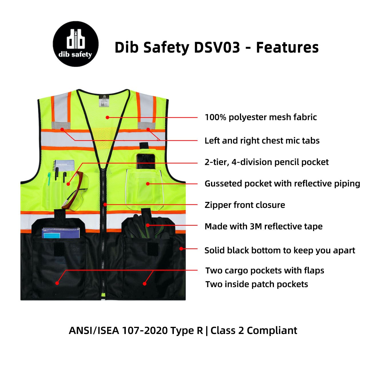 Dib Safety Chaleco de malla reflectante con bolsillos y cremallera, fabricado con cinta reflectante 3M, amarillo y negro