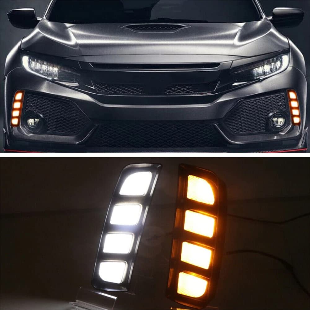 Riloer 2pcs LED DRL Car Daytime Running Light Compatible with Honda Civic Type R 2016-2020 Yellow White Turn Signal Light Fog Lamp