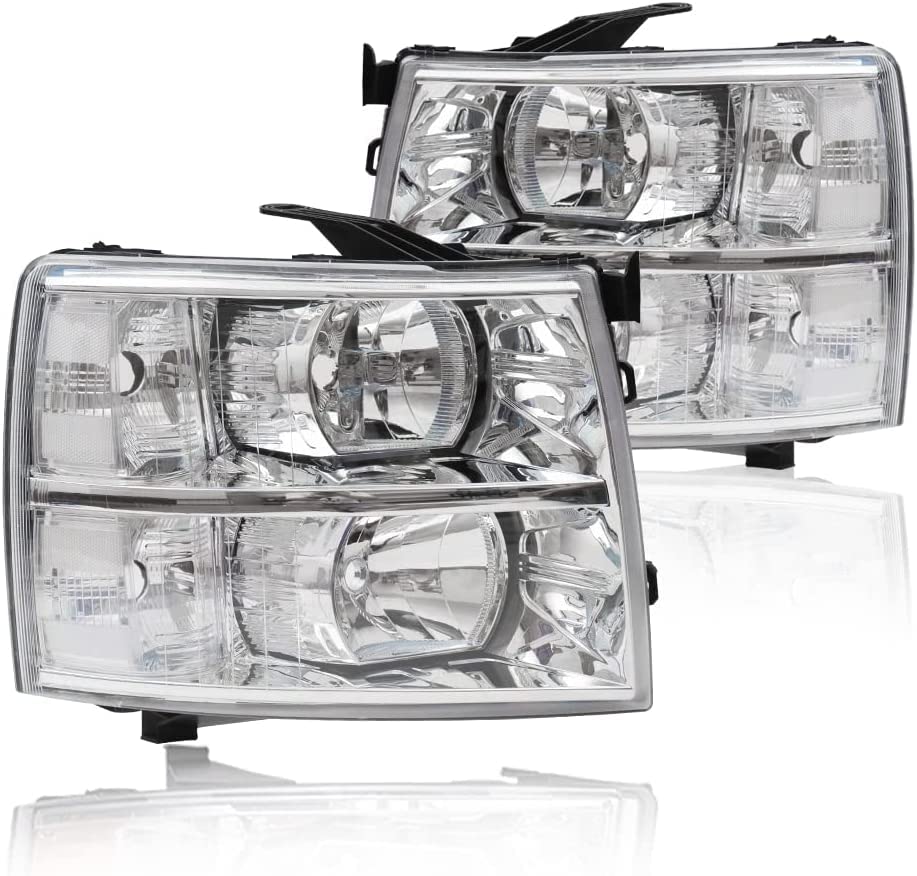 G-PLUS Headlights Assembly, Compatible with 2007 2008 2009 2010 2011 2012 2013 2014 Chevy Silverado bumper Headlamp, Clear lens Chrome Housing Clear Reflector