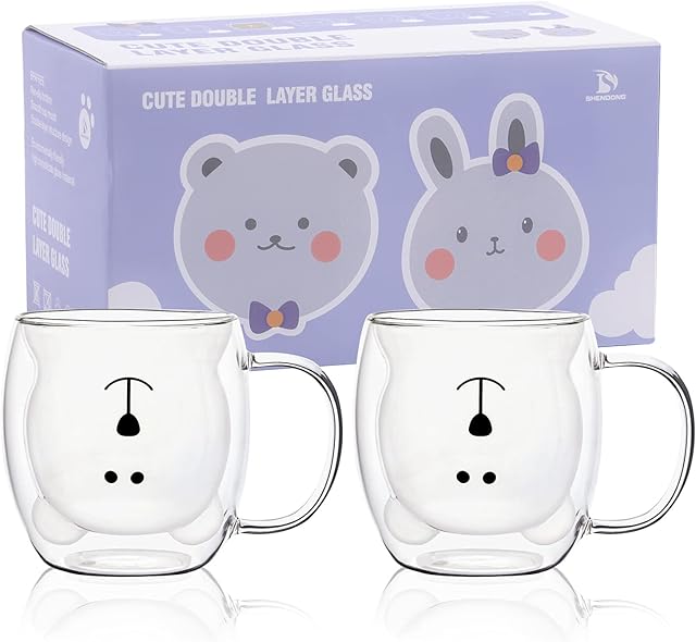 SHENDONG Cute Bear Mugs Set of 2 Cute Cups Bear Tea Coffee Cup with Handle 8.5oz Milk Cup Double Wall Insulated Glass Gift for Birthday Valentine's Day and Office (2 Pack, White Bear)