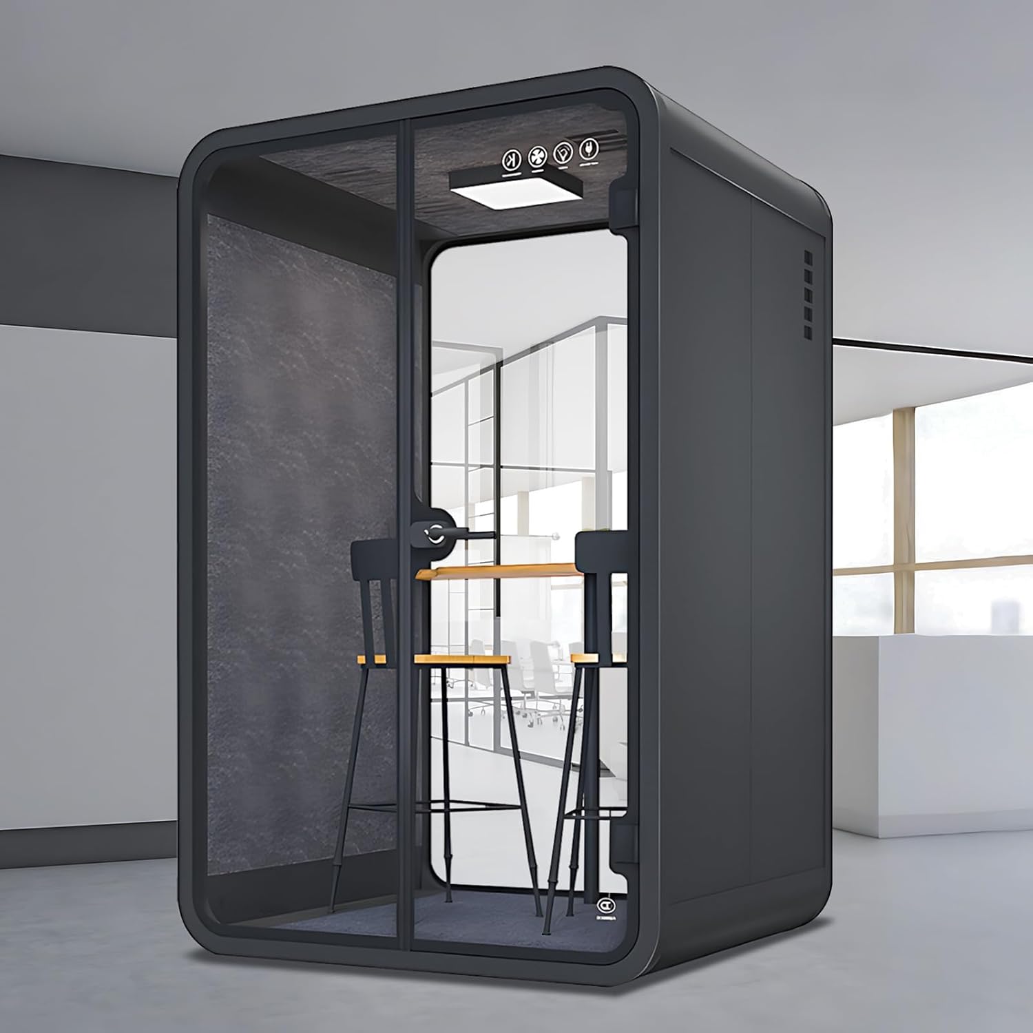 Office Sound Booth with Audio Privacy - Black Office Pod with Curved Corner Design&Small Table,Soundproof Booth Includes Central Lighting,Honeycomb Aluminum Panel,Fans for Meeting(86IN)