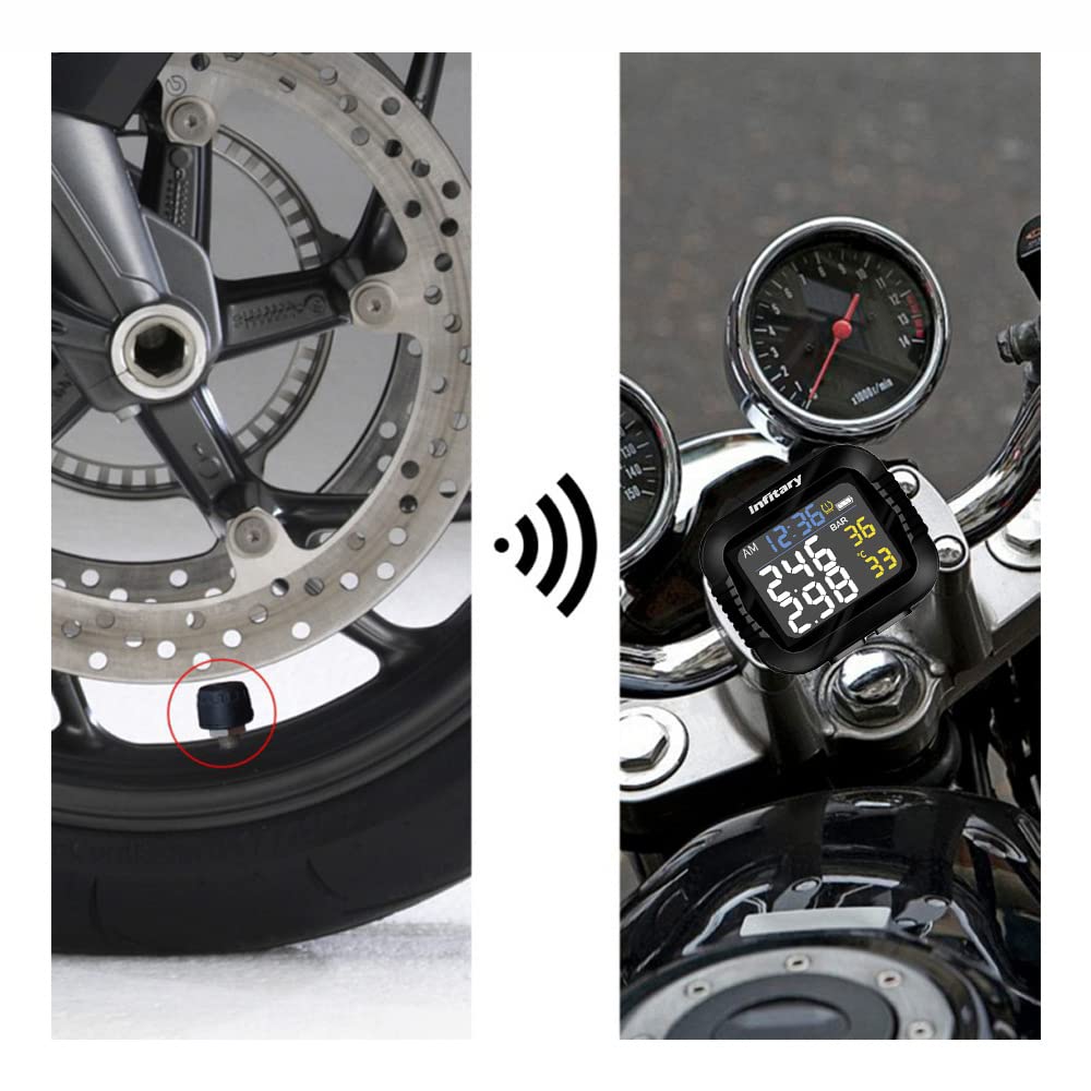 Monitoraggio della pressione dei pneumatici per moto, ricarica USB, sistema di monitoraggio TPMS con 2 sensori esterni, riflettono i dati in tempo reale per bicicletta e mountain bike