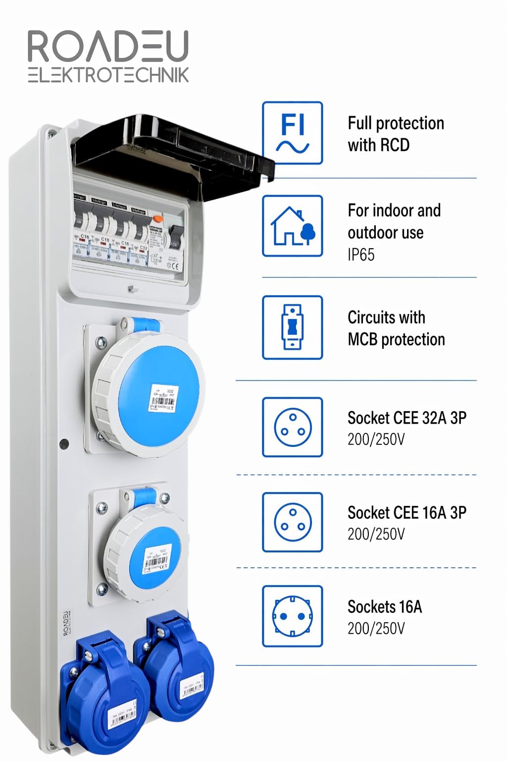 RoadEu Cuadro eléctrico 230V IP65 con diferencial 40A 30mA y magnetotérmicos | 1 toma CEE 32A, 1 CEE 16A y 2 Schuko | precableado para obra, taller y exterior