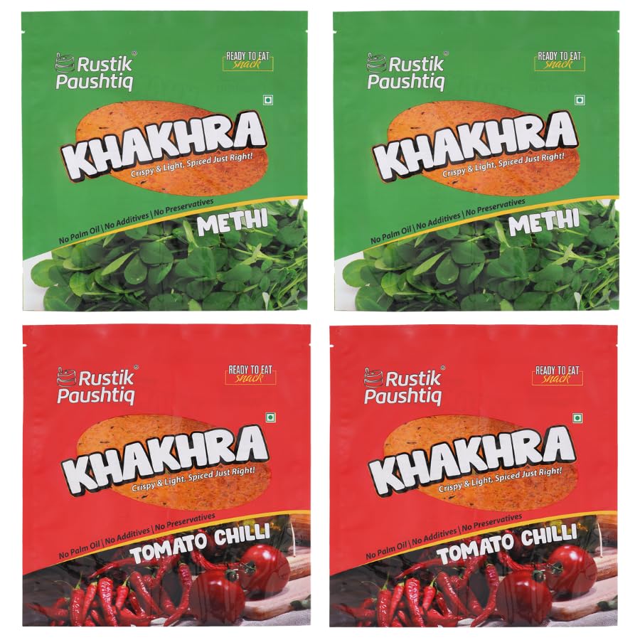 Image of RUSTIK PAUSHTIQ Baked Khakhra Combo - 200g x 4 Packets | 2 Methi & 2 Tomato Chilli Flavours | Whole Wheat Crispy Snacks | No Palm Oil | Ready to Eat Tea Time Snack | 800g