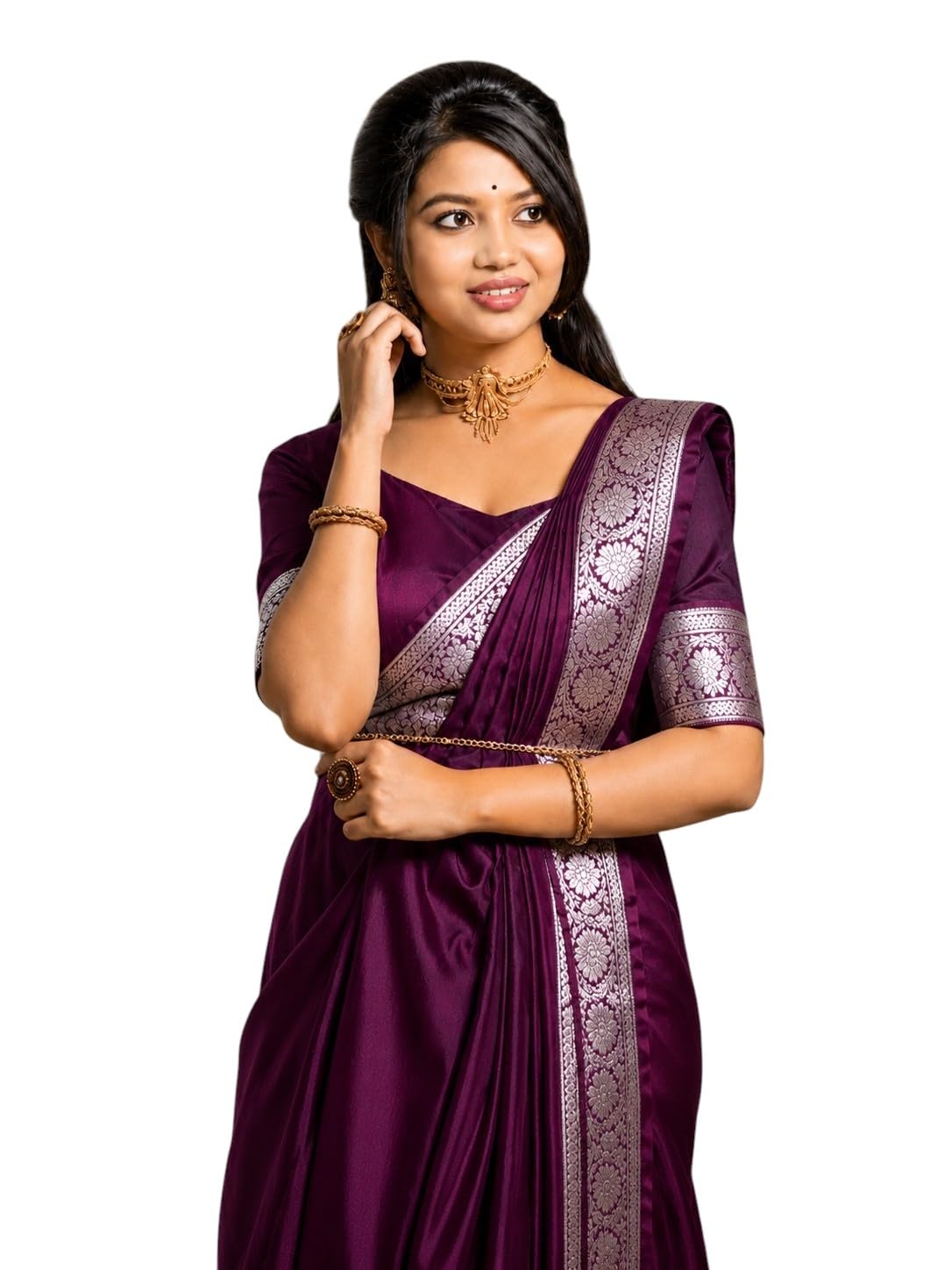 Banarasi Satin Silk Saree Plain Silver Zari | Unstiched Blouse Piece Included.-image-1