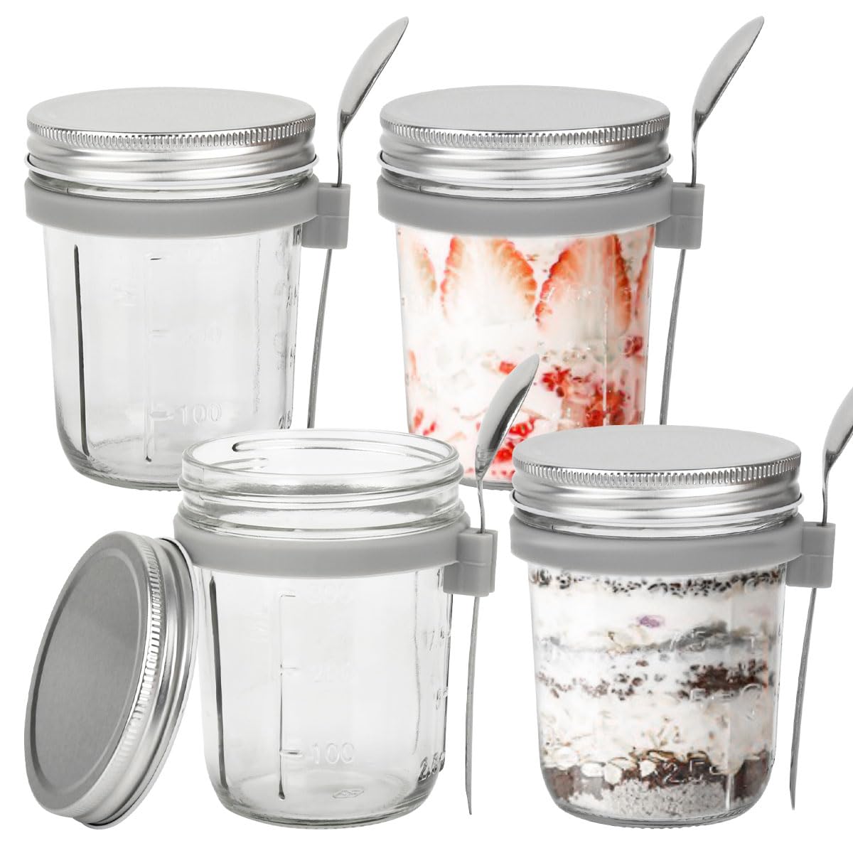 CENBEN 4Pack 350ml Overnight Oats Jars with Lids and Spoon,12oz Airtight Breakfast Jars with Measurement Marks, Gass Breakfast Pots Jar Yogurt Cup Jar for Chia Pudding Canned Fruit Milk Cereal