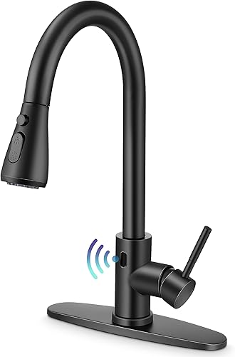 Herogo - Grifo de fregadero de cocina sin contacto con rociador extraíble, grifo con sensor de movimiento de acero inoxidable 1810 negro mate para