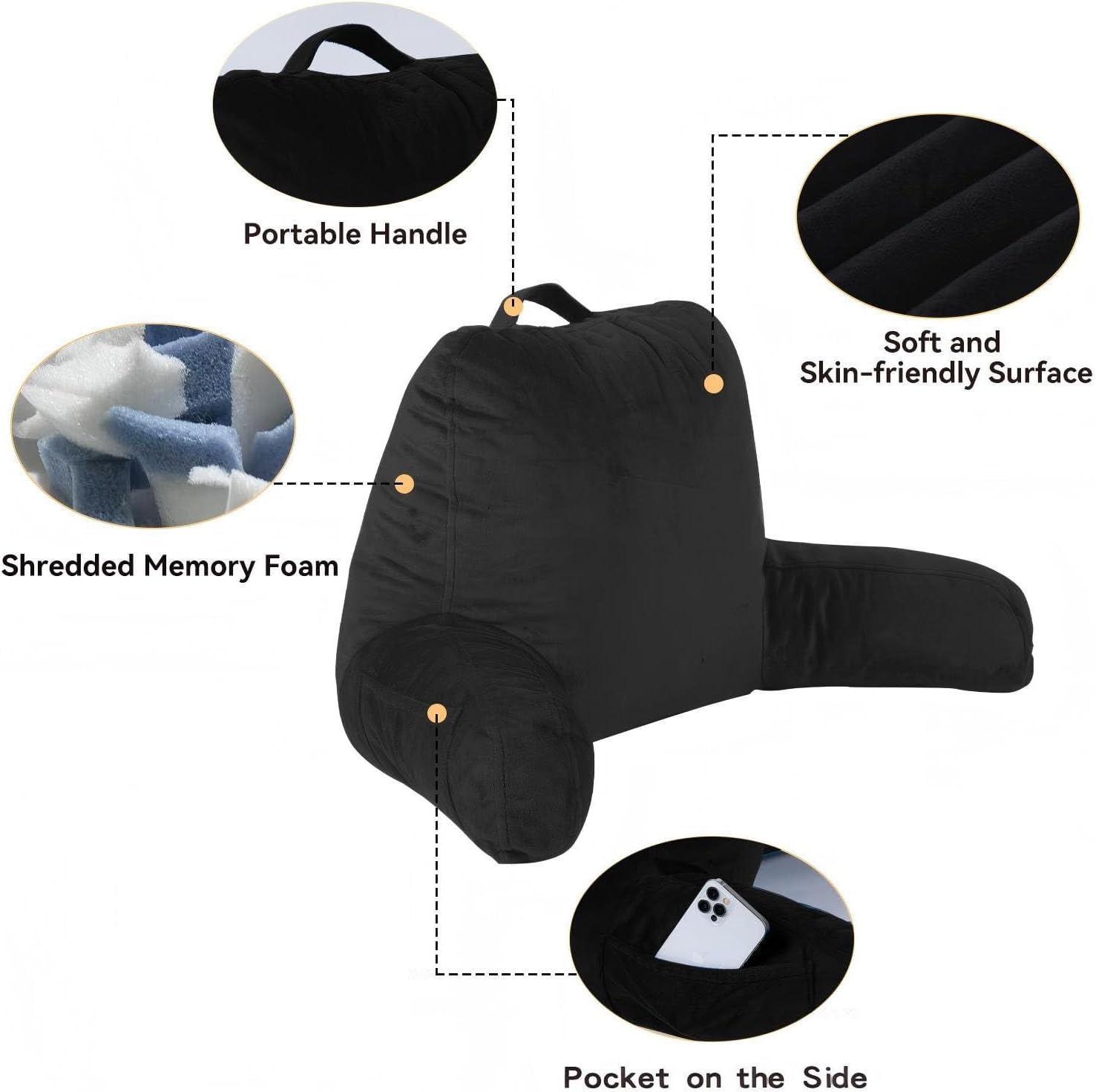 Reading Pillows for Bed Sitting Up Set of 2, Adults and Teens Backrest with Arms, Velvet Back Support Pillows for Sitting on Bed, Sofa, and Couch, Dorm Essentials- Standard, 2Pack, Black