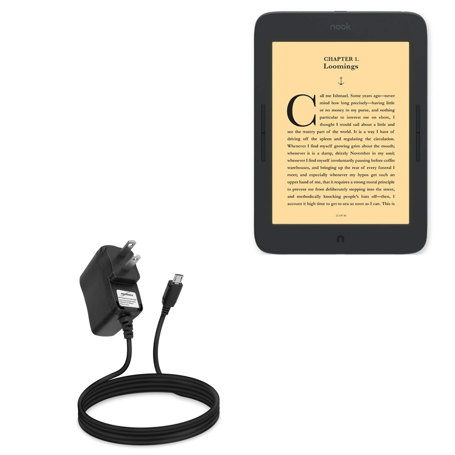 BoxWave Charger Compatible with Barnes & Noble Nook GlowLight Plus (2019 Edition 7.8 in) - Wall Charger Direct (15W), Rapid Charge Your Device with Built-in 6ft Cable