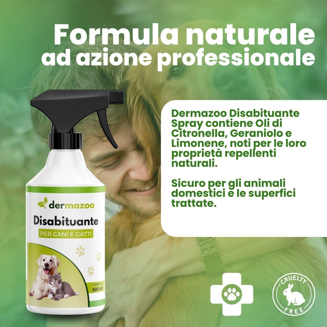 Dermazoo Disabituante Gatti e Disabituante per Cani 500ml Spray Anti Pipi Cane per Uso Interno ed Esterno con Citronella e Geraniolo, Repellente per Gatti Anti Urina