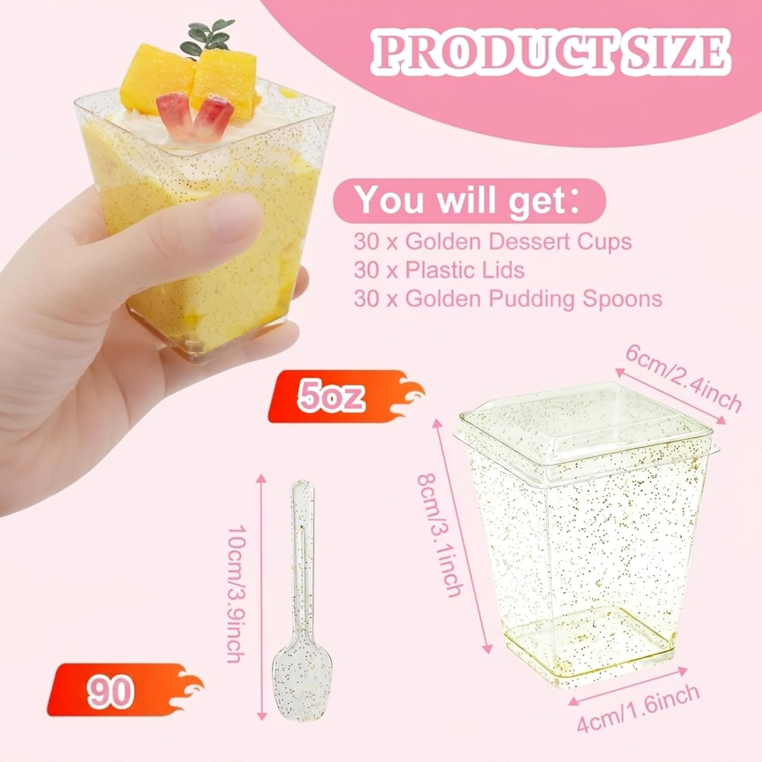 5 Oz Golden Glitter Dessert Cups with Lids and Spoons 90 Pcs Plastic Square Yogurt Parfait Appetier Cups for Party Disposable Small Dessert Shooter for Ice Cream, Fruit and Pudding