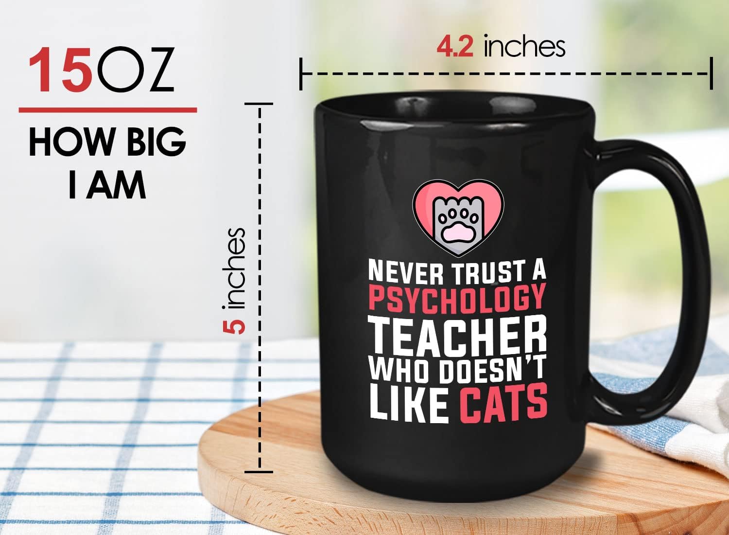 Bubble Hugs Psychology Coffee Mug 15oz Black - Never Trust a Psychology Teacher - Cat owner Animal Student Graduation College Psychologist Psychotherapy……