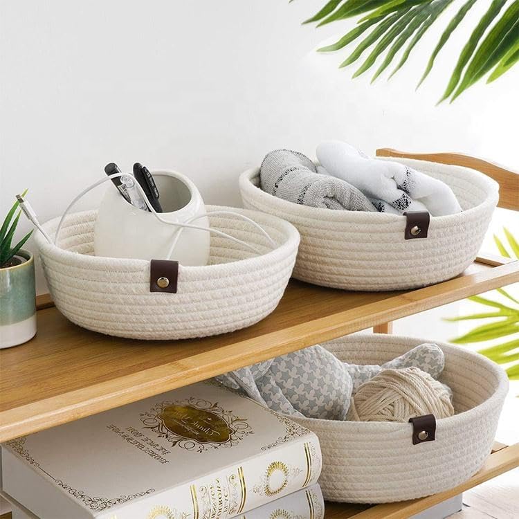 Image of Handmade Jute Cotton Storage Baskets Set of 3 for Dining Table, Fruit Basket & Roti Bowl, Cane Style Organizer for Kitchen, Home Decor, Washable Multipurpose (White)