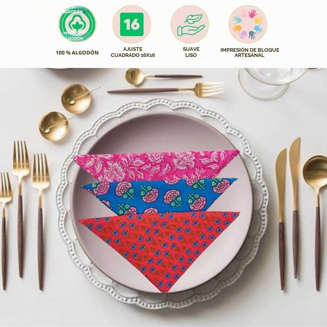 KLAVATE 10 servilletas de 100% algodón Hechas a Mano, 16 x 16 Pulgadas, Estampado Jaipuri, Multicolor