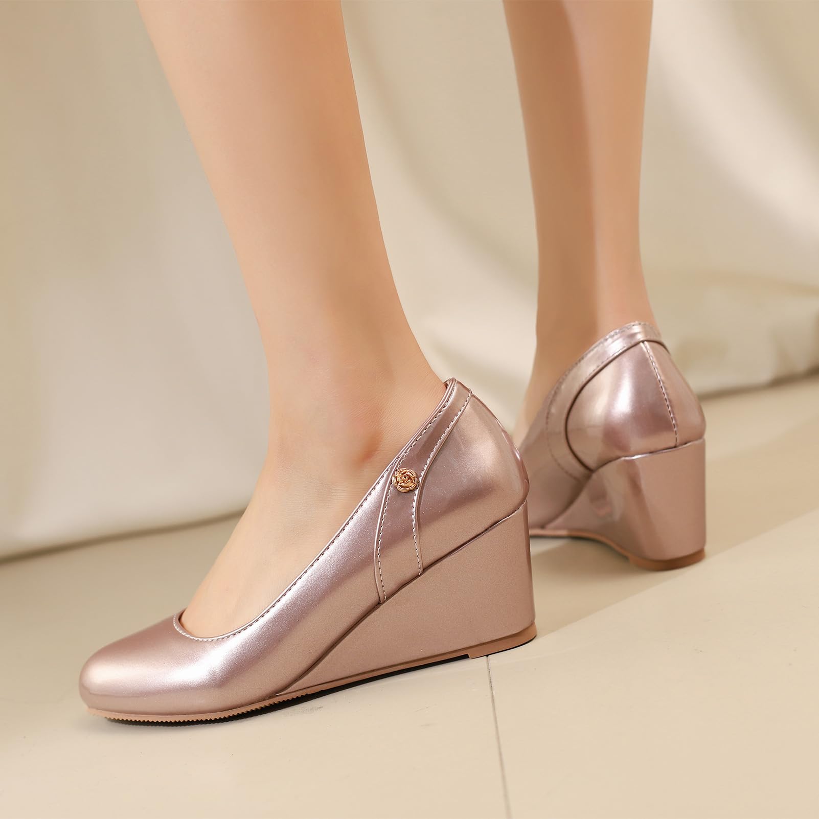 Donna Pelle Verniciata Punta Rotonda Décolleté con Zeppa Scarpe Eleganti