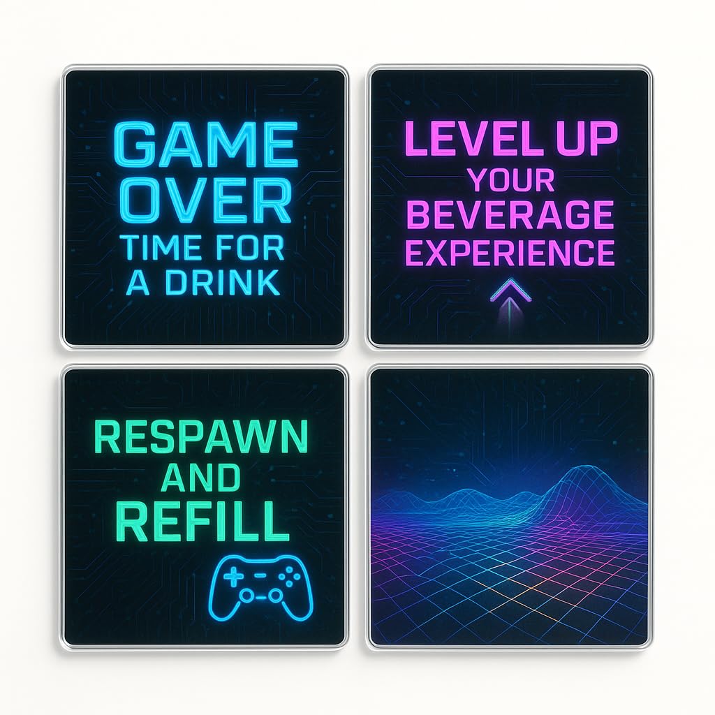 The Plum Penguin Cyber Sip Sphere Acrylic Coaster Gift Set Of 4 With Cyber Gaming Designs - Futuristic Drinkware For Gamers' Home Bar Man Cave