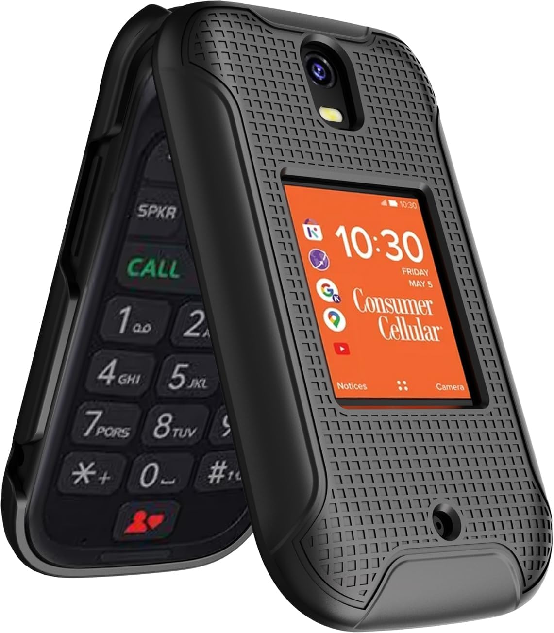 Kątowy view of the Nakedcellphone case installed on an open Iris Flip Phone