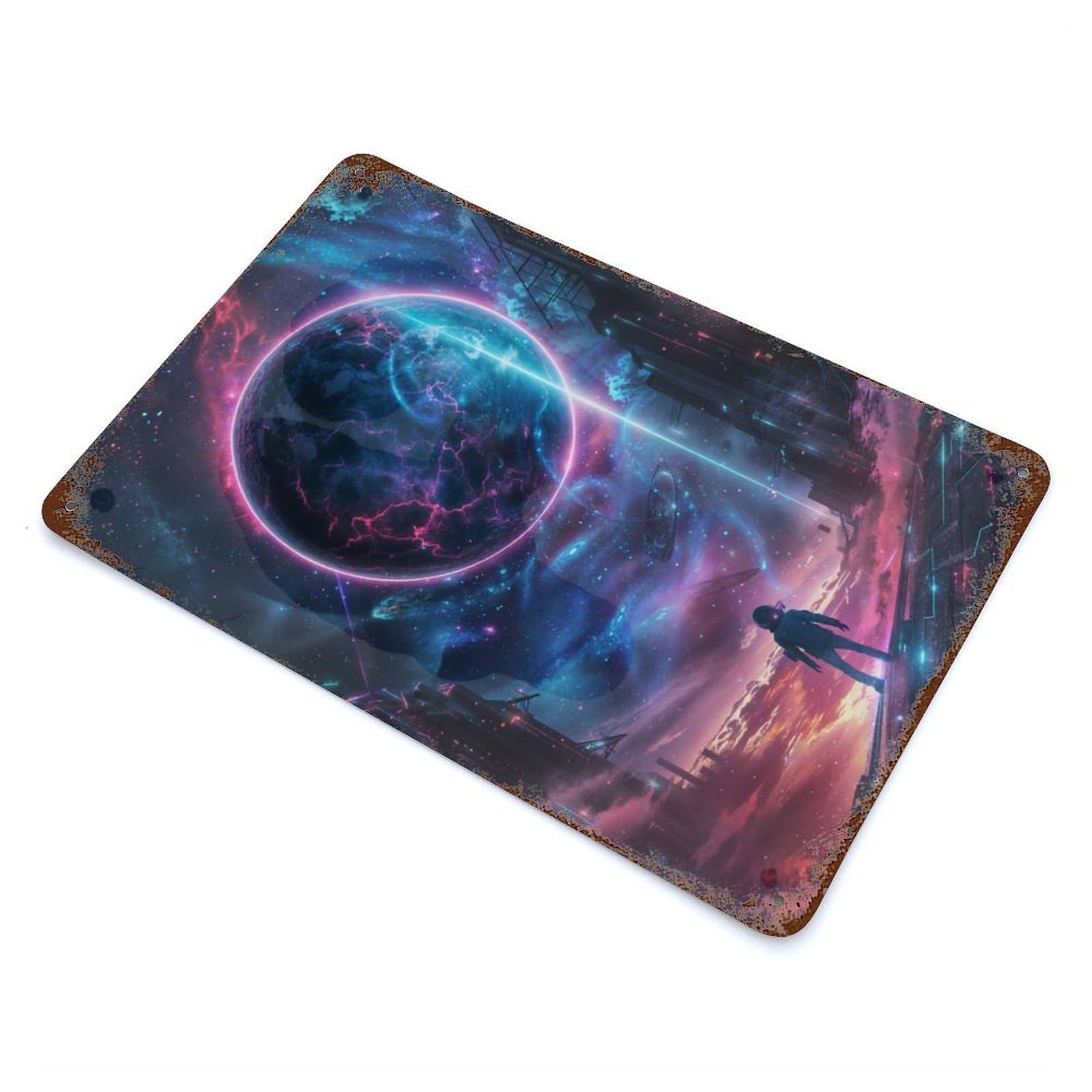 Rust Effect Cosmic Beam Rusty Metal Tin Sign 11.8"x7.9", Old School Wall Decor for Basement, Hobby Room And Garage Decor