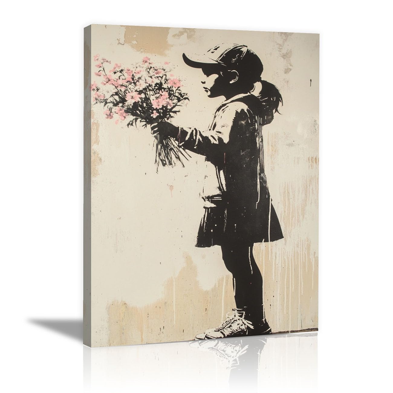 WIKEO Banksy Graffiti Canvas Wall Art Graffiti Girl Flowers Living Room Décor,Canvas Prints,Abstract Wall Art,-Street Pop Posters Inspirational Quotes(Pink)-30x40cm Framed