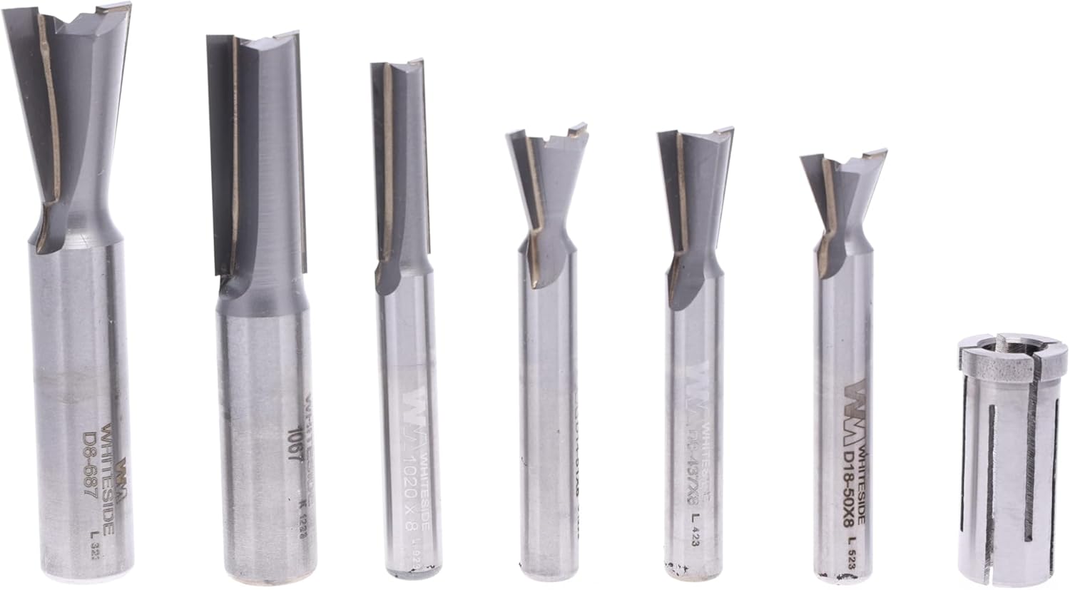 Whiteside D108 7 Piece Leigh Set: D8-437x8, D8-687, D14-51x8, D18-50x8, 1020x8,1067, 6400x8 Adapter Collet.