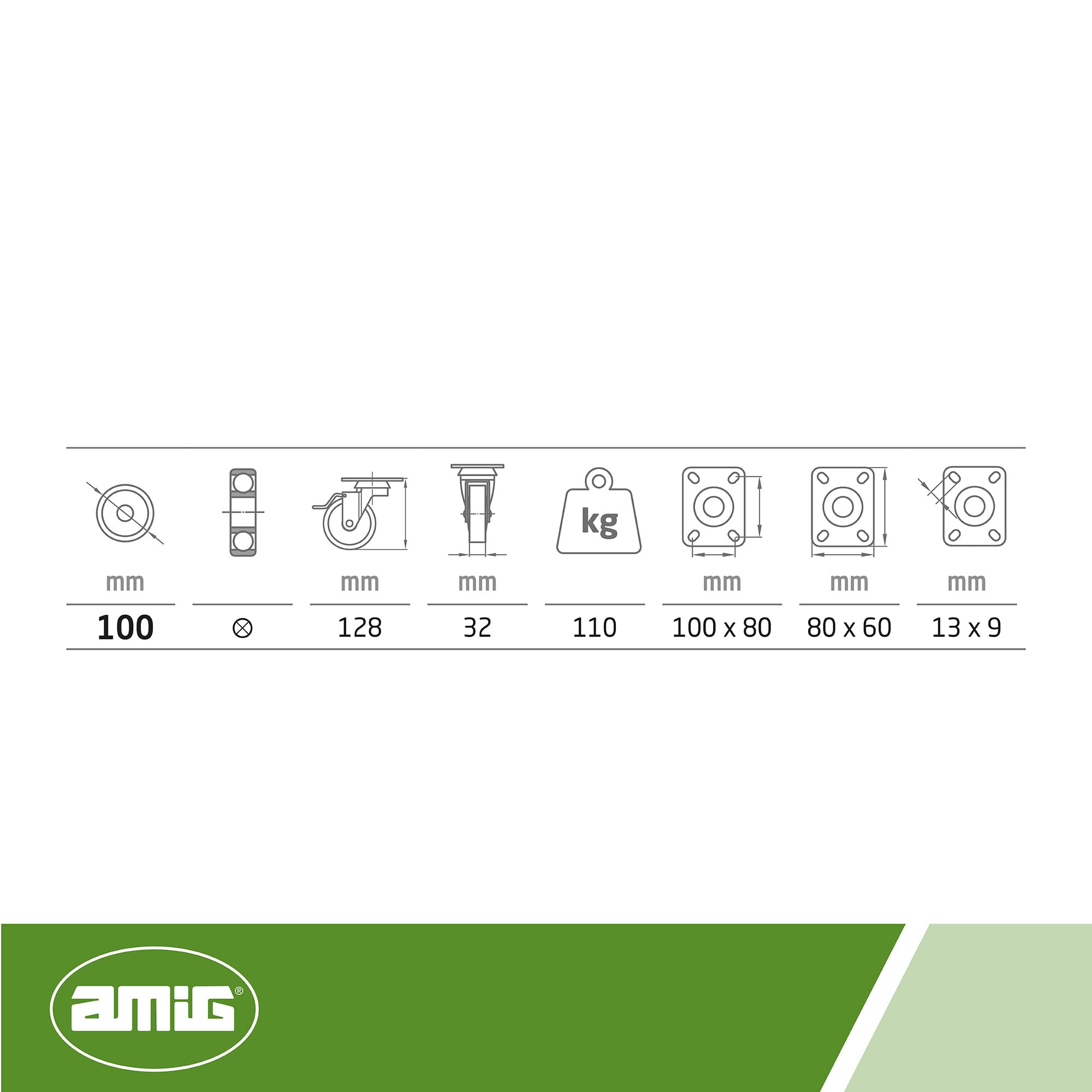 Amig - Set 4 Ruote con Freno per Mobili | Ø 100 mm | Ruote Girevoli con Piastra di Montaggio | Peso Massimo 110 Kg | Per Spostare Mobili Pesanti | Cuscinetti a Rulli | Nucleo in Plastica