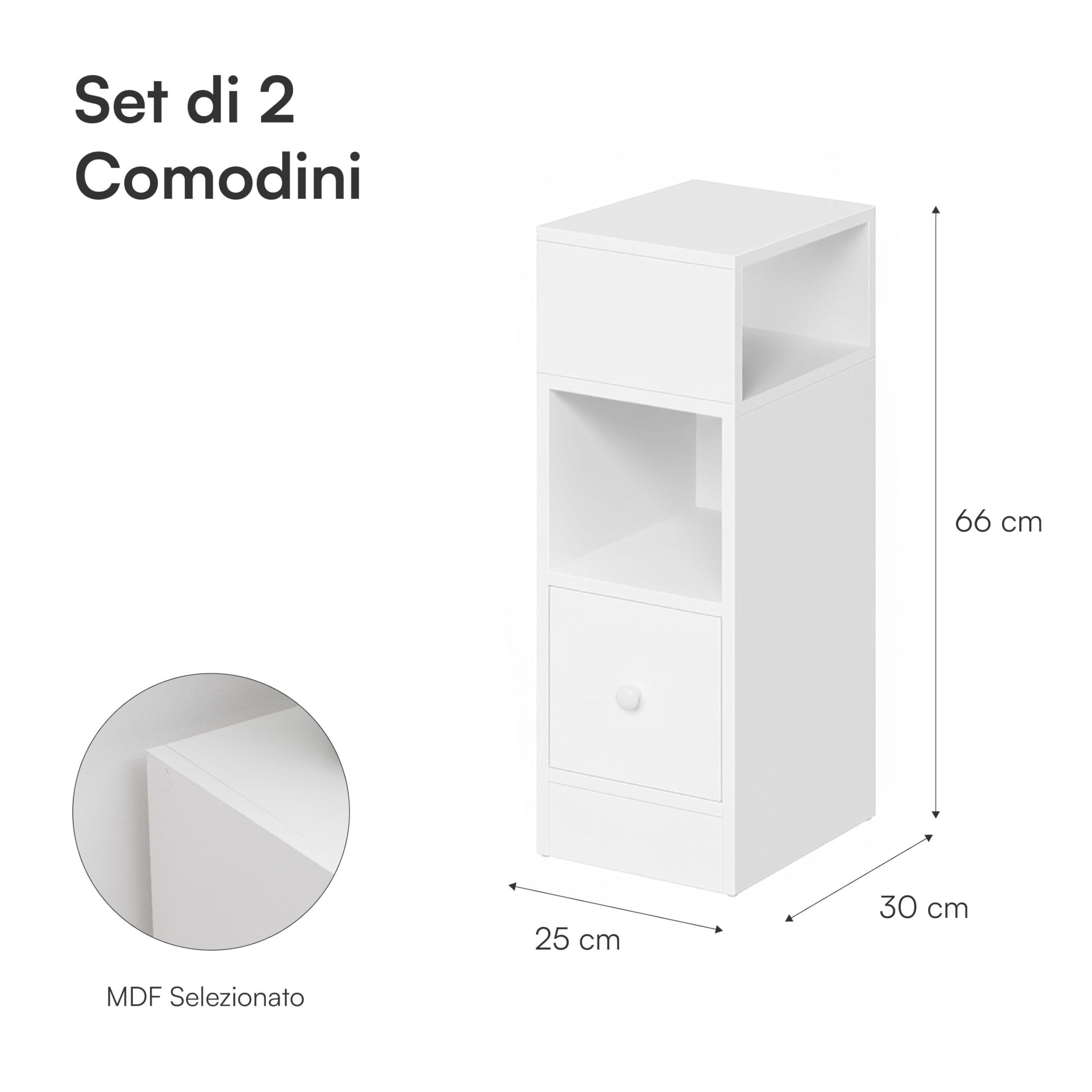 Baroni Home Set 2 Comodini Moderni con Cassetto e 2 Ripiani, Scomparto Superiore Aperto su Entrambi i Lati, Comodini Salvaspazio in MDF, Montaggio Facile. 25x30x66 cm (Bianco)