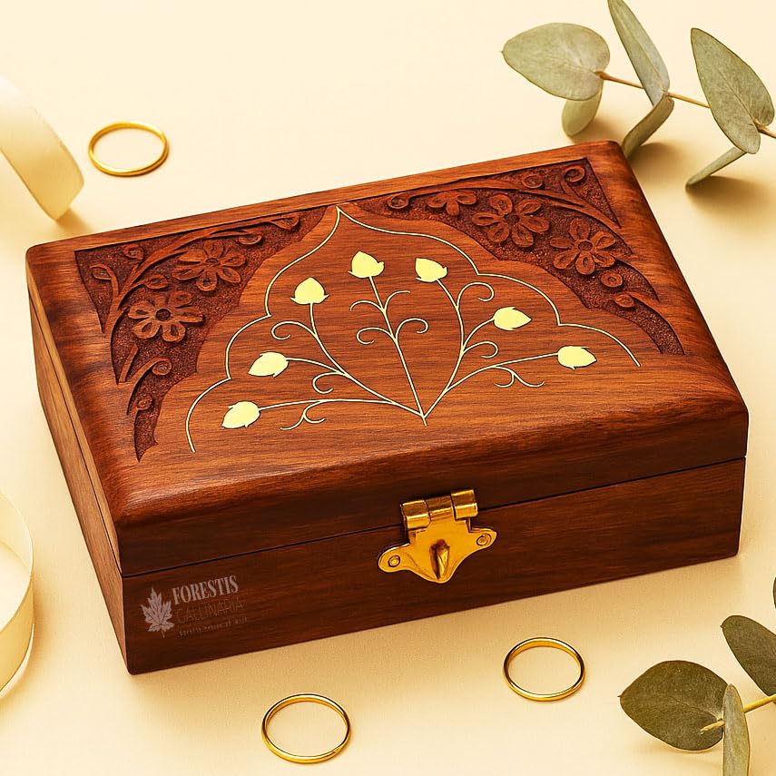 Image of Wooden Box| Jewellery Box| Decorative Case| Kit| Vanity| Organiser For Women, Necklaces, cash, gold (6X4 Inches, Crown)