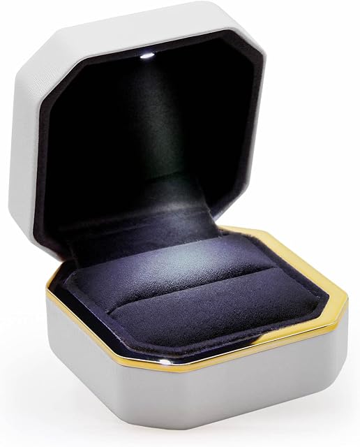 ANDARA Leather Luxury Ring Box with LED Light & Velvet Interior - Jewellery Ring Box for Gift, Proposal, Engagement, Wedding & Anniversary (White)