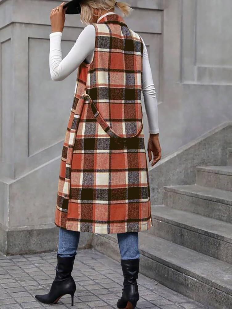 IDEALSANXUN Womens Long Plaid Vest Fall Winter Sleeveless Blazer Jackets Open Front Cardigan - Image 3