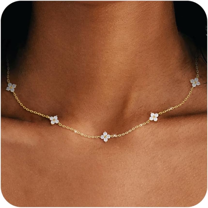 Birthstone Gold Necklace for Women Dainty Non Tarnish 14K Gold Plated Diamond Choker Necklaces Clover Emerald Green Cubic Zirconia Necklace Birthday Valentine's Day Gifts Womens Prom Gold Jewelry