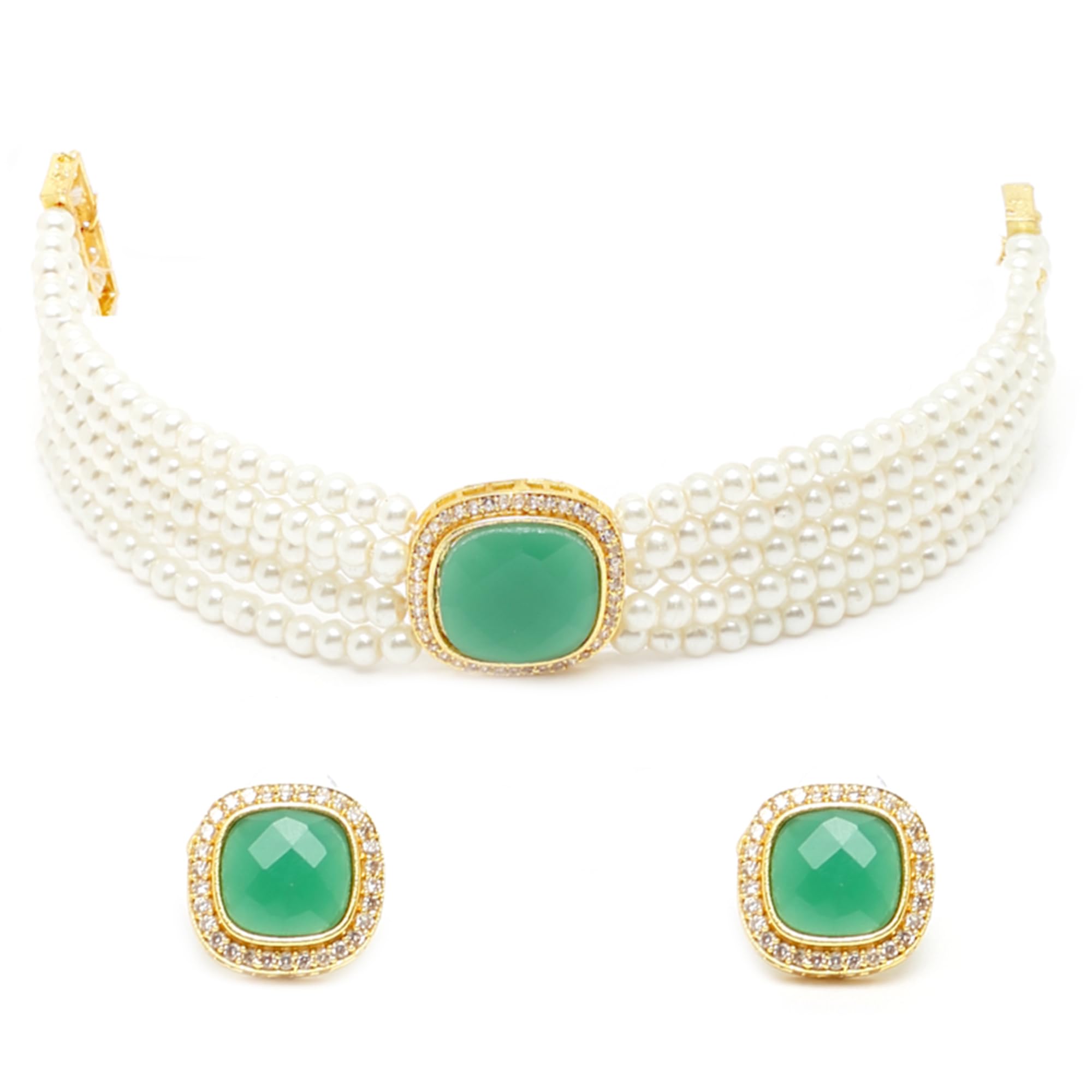 ZENEME Gold Plated White Pearl Beaded Chain Green American Diamond Stone Studded Necklace With Earring Jewellery Set For Women and Girl (Green) (B0B5X5QND9) Amazon Price History, Amazon Price Tracker