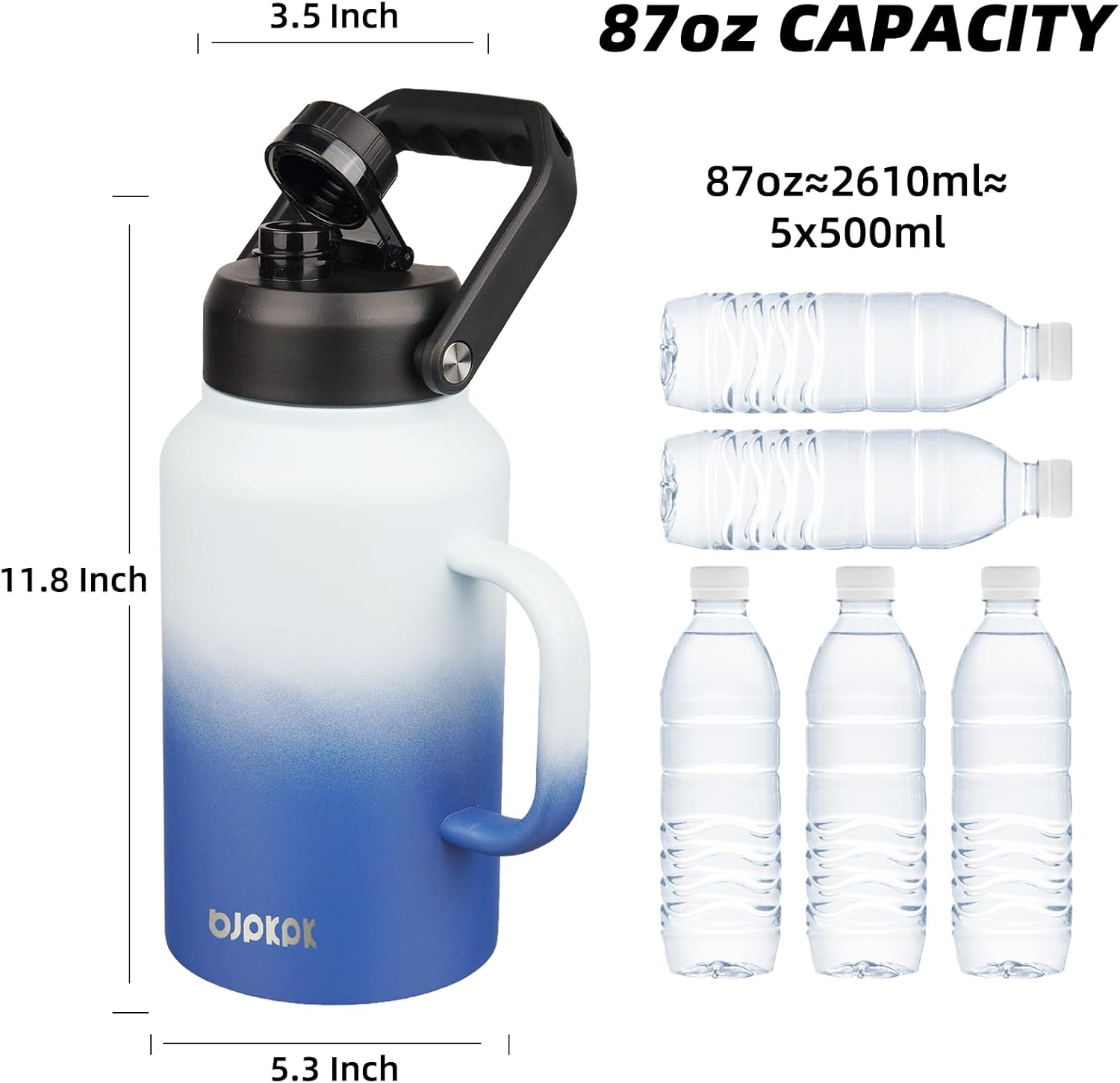 BJPKPK 87oz Insulated Water Bottle with Handle, Large Dishwasher Safe 2/3 Gallon Water Bottle, BPA Free Water Jug, Wide Mouth Metal Flasks with Anti-slip Bottom, Keep Cold & Hot,Sky - Image 5