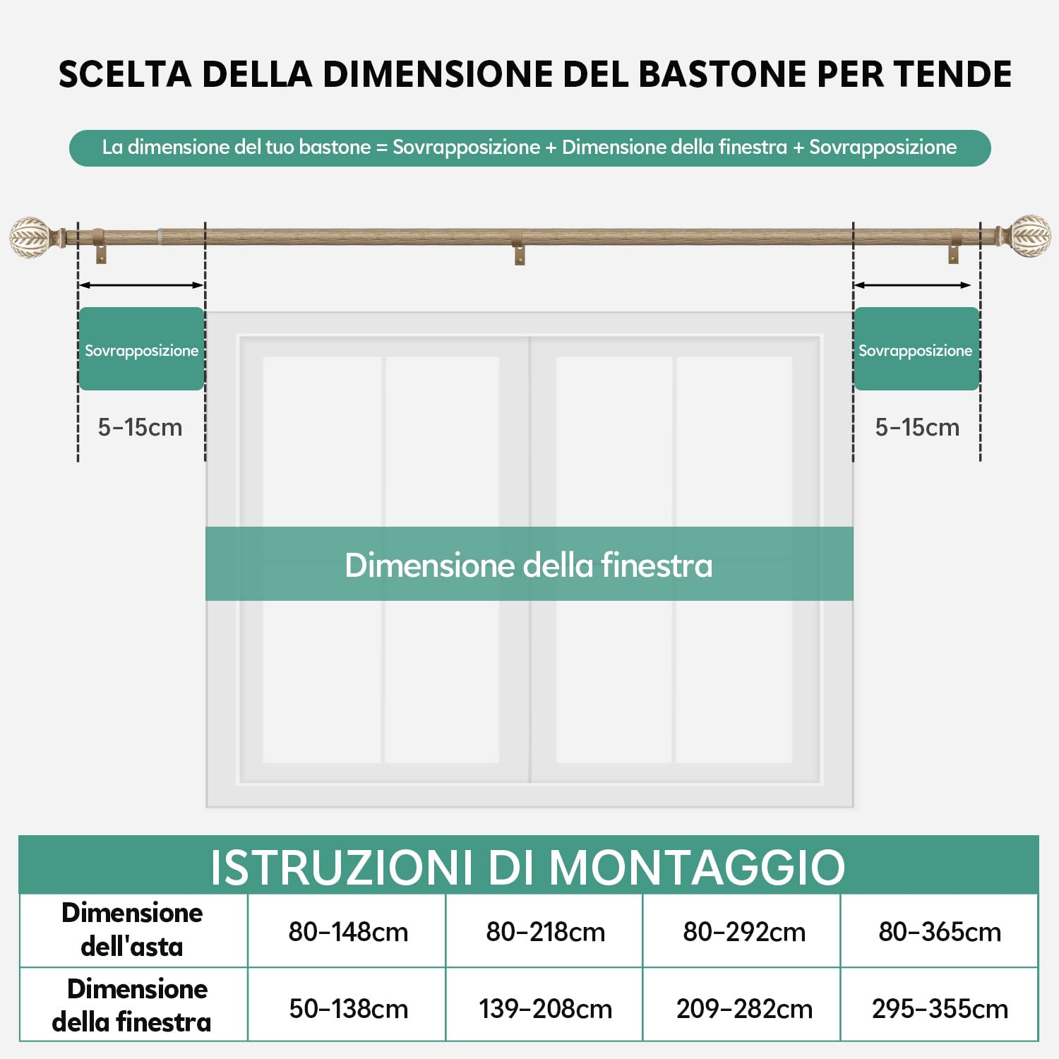 Bastone Tenda Effetto Legno Chiaro Asta Metallica Estensibile 80-218 cm Diametro 25 mm Alta Portanza Parete