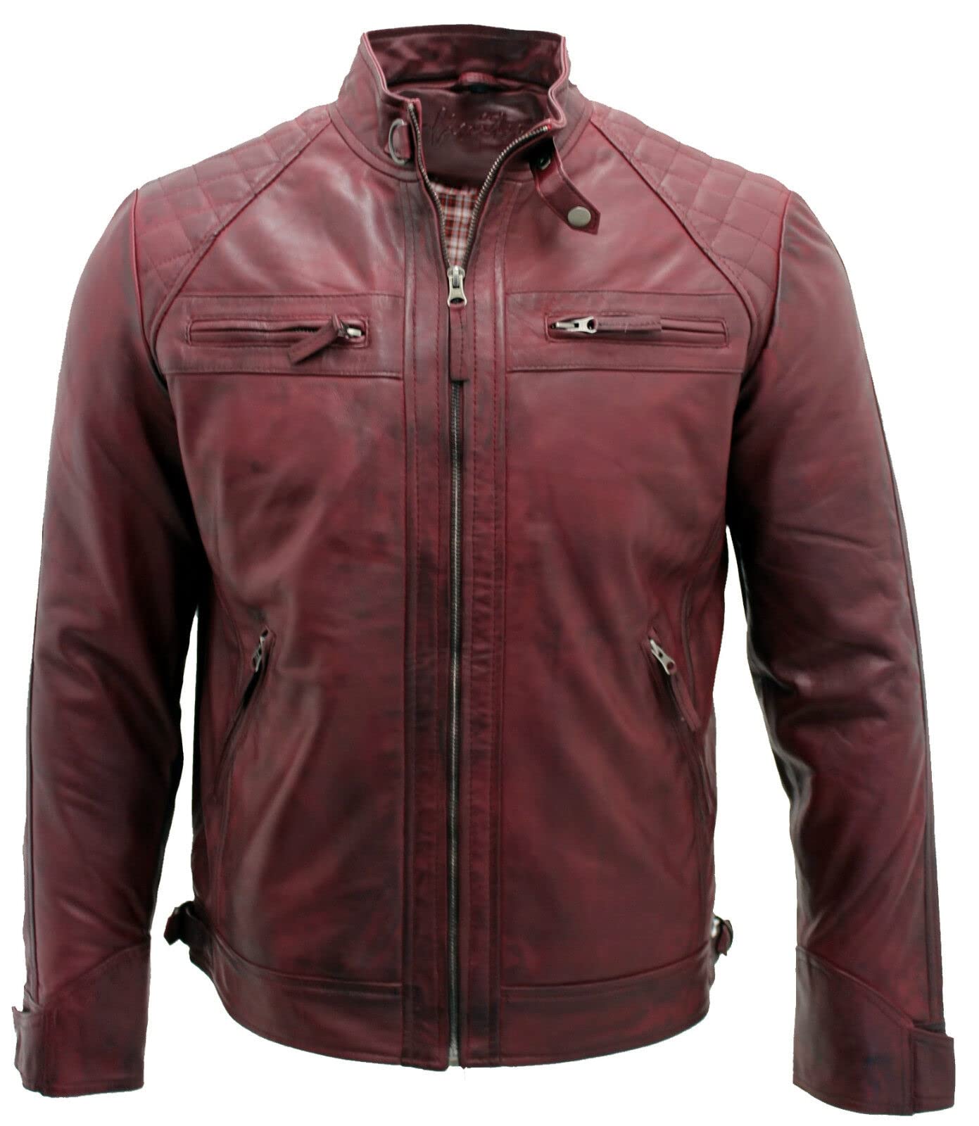 Men's Vintage Burgundy Leather Retro Jacket Classic Racing Quilted Biker Moto Fashion Jacket S