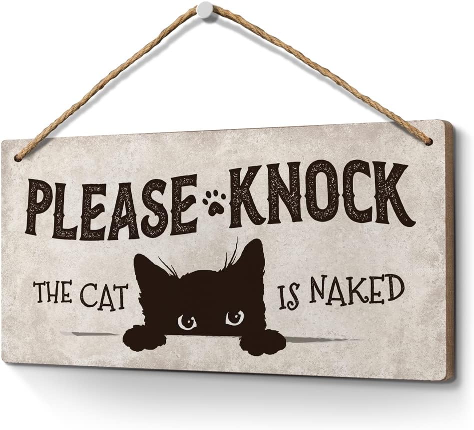 Heuhuww Decorative Sign - Funny Cat Door Sign, Engineered Wood, 6 x 12 x 0.25 inches, Black Cat Wall Art for Room Front Door Porch Home Decor, Cat Lover Gifts