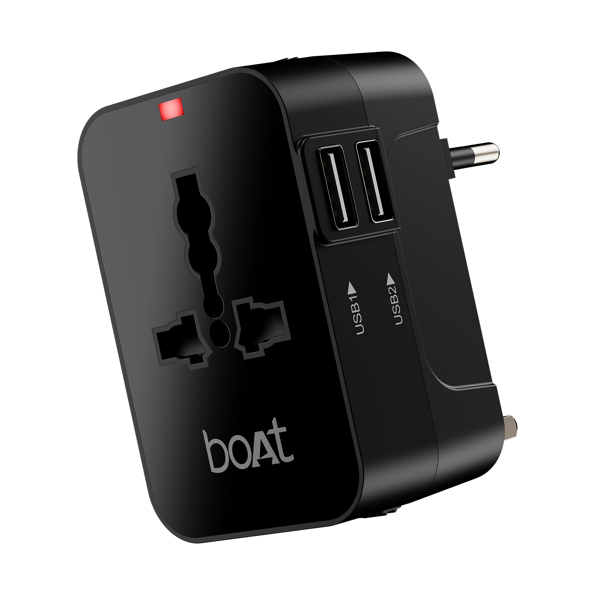 boAt Universal Adapter C10 Compatible with US, UK, EU & AU Plug Types, Two USB Ports with 10W Max Support, 5-in-1 Travel Adapter with Surge & Smart IC Protection, Durable, 1-Year Warranty