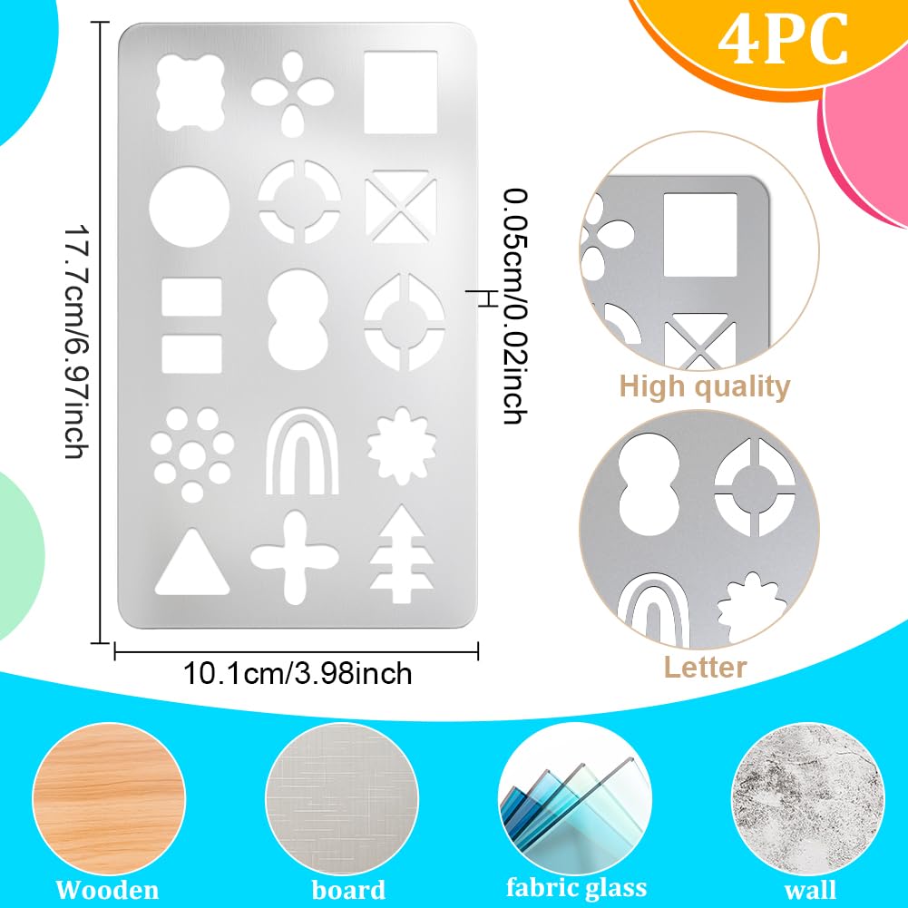 UNICRAFTALE 4 piezas plantilla de metal patrón geométrico cuadrado redondo Satr plantilla de dibujo forma básica de acero inoxidable reutilizable para scrapbooking dibujo tallado grabado quema de