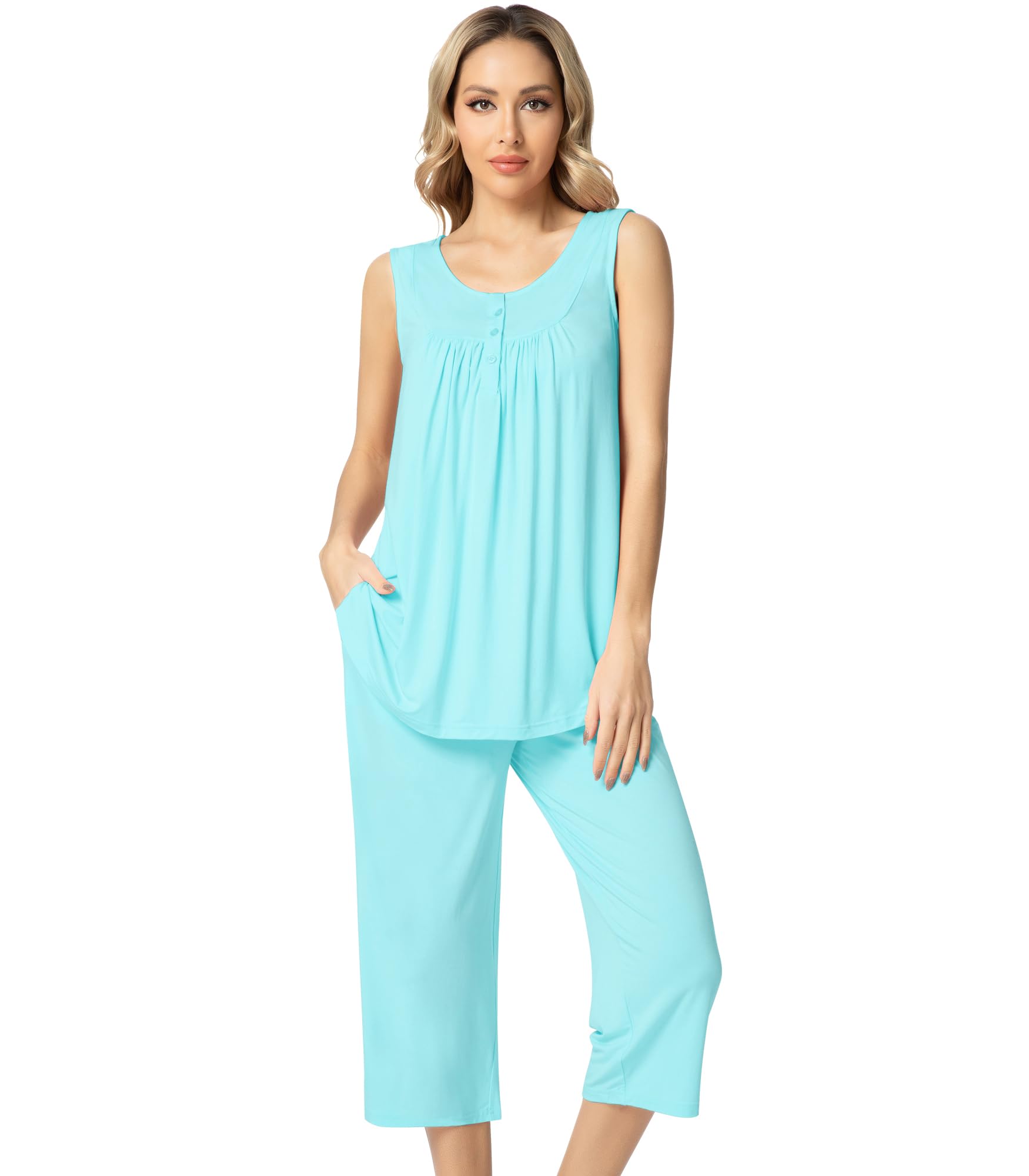 NACHILA Pajamas for Women-Viscose Made from Bamboo Sleeveless Pjs Tank Top Capri Pants Pajama Sets Cooling Sleepwear
