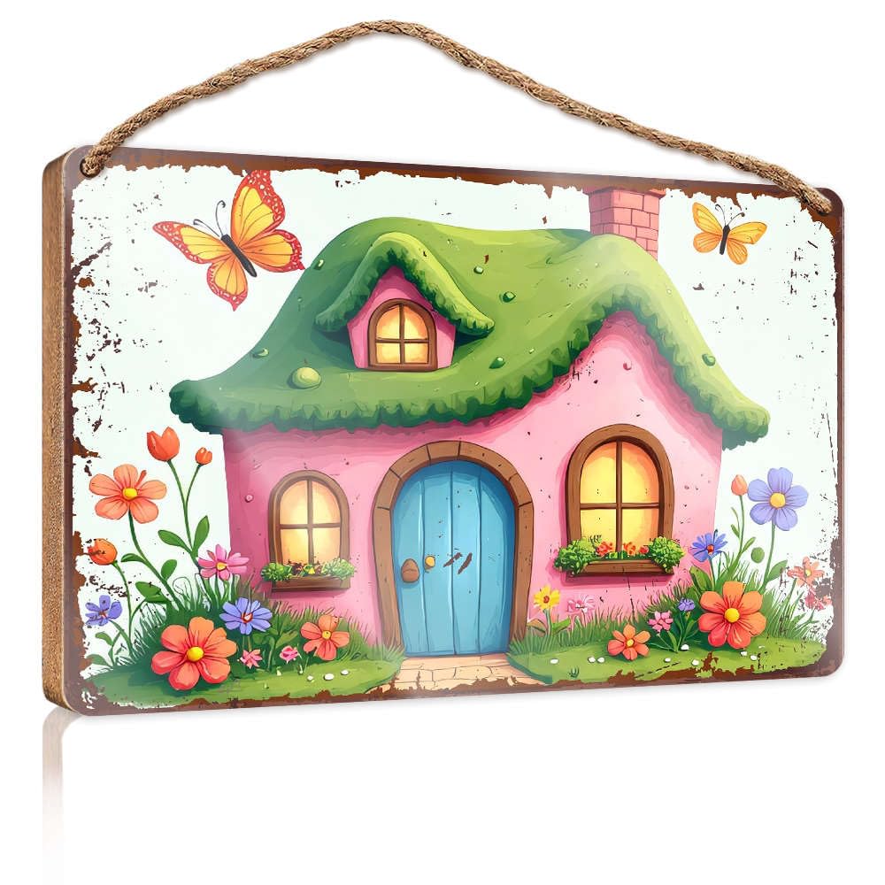 Fun Signs For Home Decor A Charming Pink Cottage With A Green Roof Surrounded By Colorful Flowers. Farmhouse Signs Desk Accessories For Men(15X28CM)