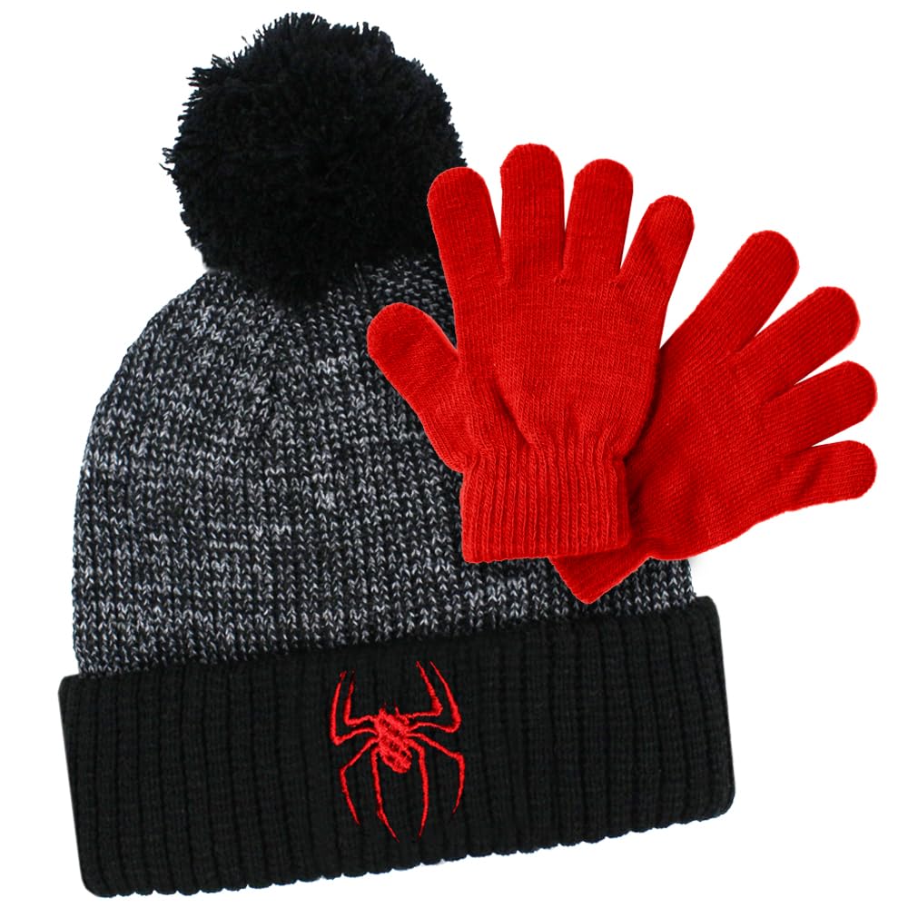 TeddyT's Boys Embroidered Spider Bobble Hat & Red Gloves Set (4-8 Years)