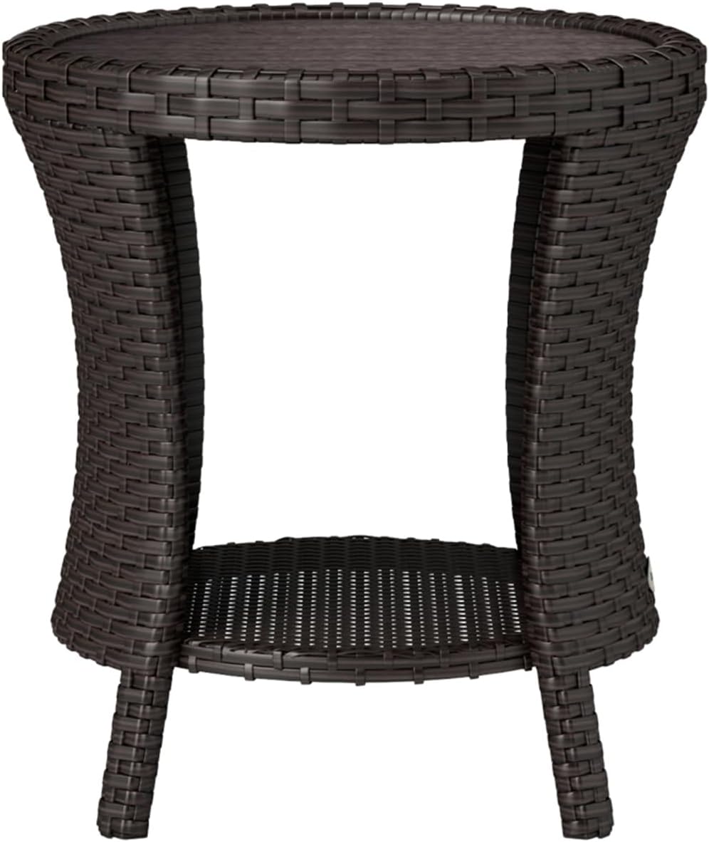 Outdoor Rattan Table,18" Indoor Round Half-Open Hourglass End Tables, Double-Tier Storage Coffee Table with Rattan Sides Bottom Shelf for Patio Garden Yard Living Room Bedroom-Brown
