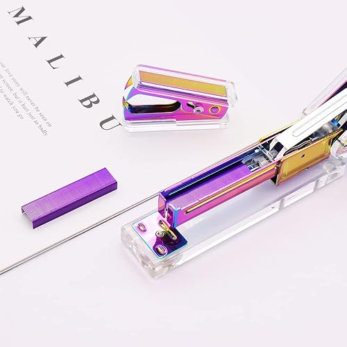 Miniatura 3 de Juego de engrapadoras de oficina, acrílico transparente metálico en tono arco iris, grapadoras manuales ejecutivas y herramienta para quitar grapas
