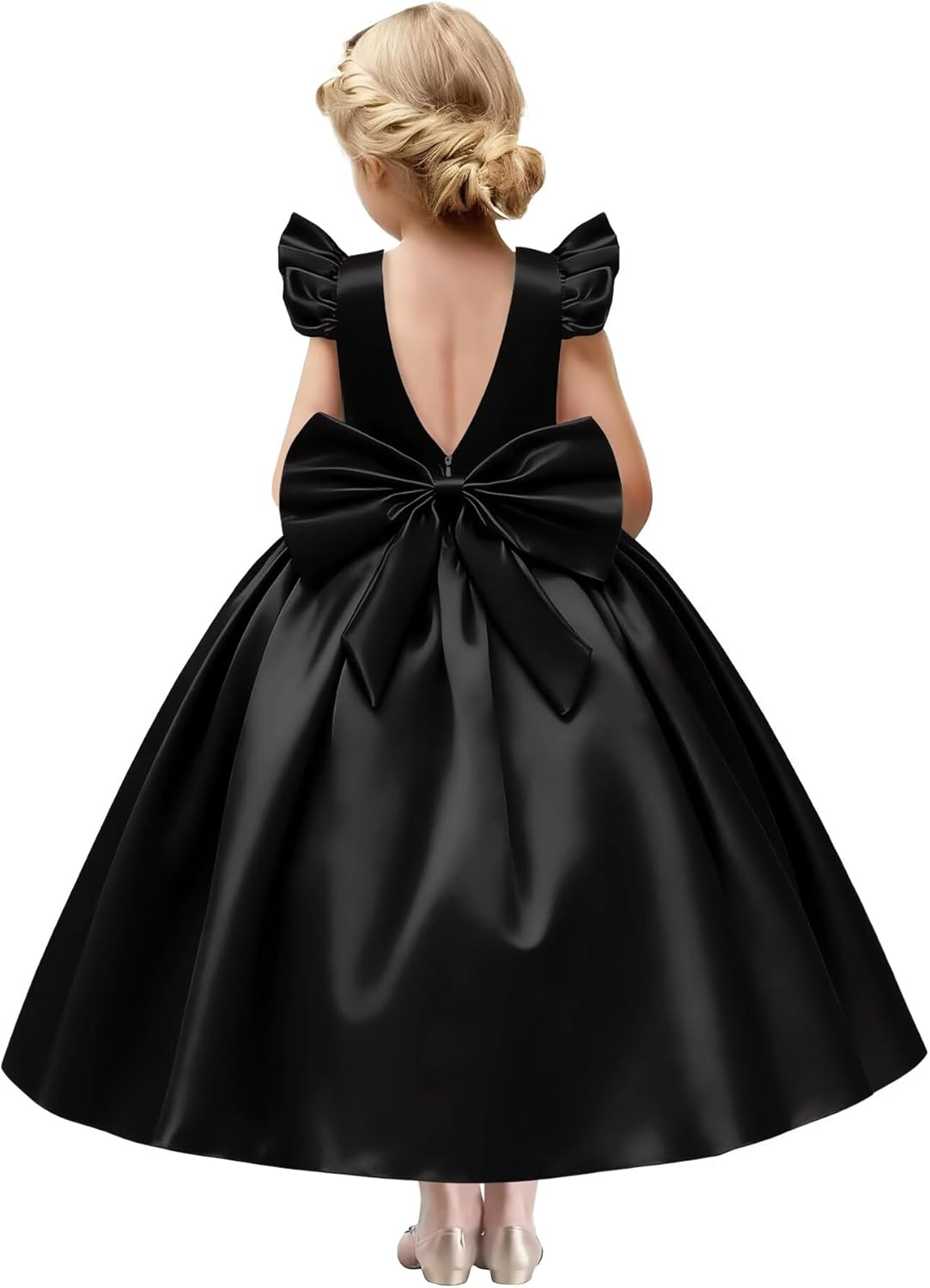 Satin Flower Girl Dresses for Wedding Flutter Sleeve Pageant Dresses for Girls Formal Dress with Bow