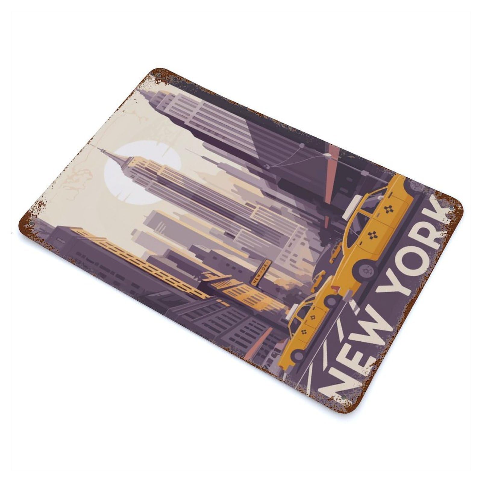New York Cityscape with Yellow Taxis Weathered Tin Sign 11.8"x7.9", Novelty Wall Decor for Garage, Pub Or Kitchen