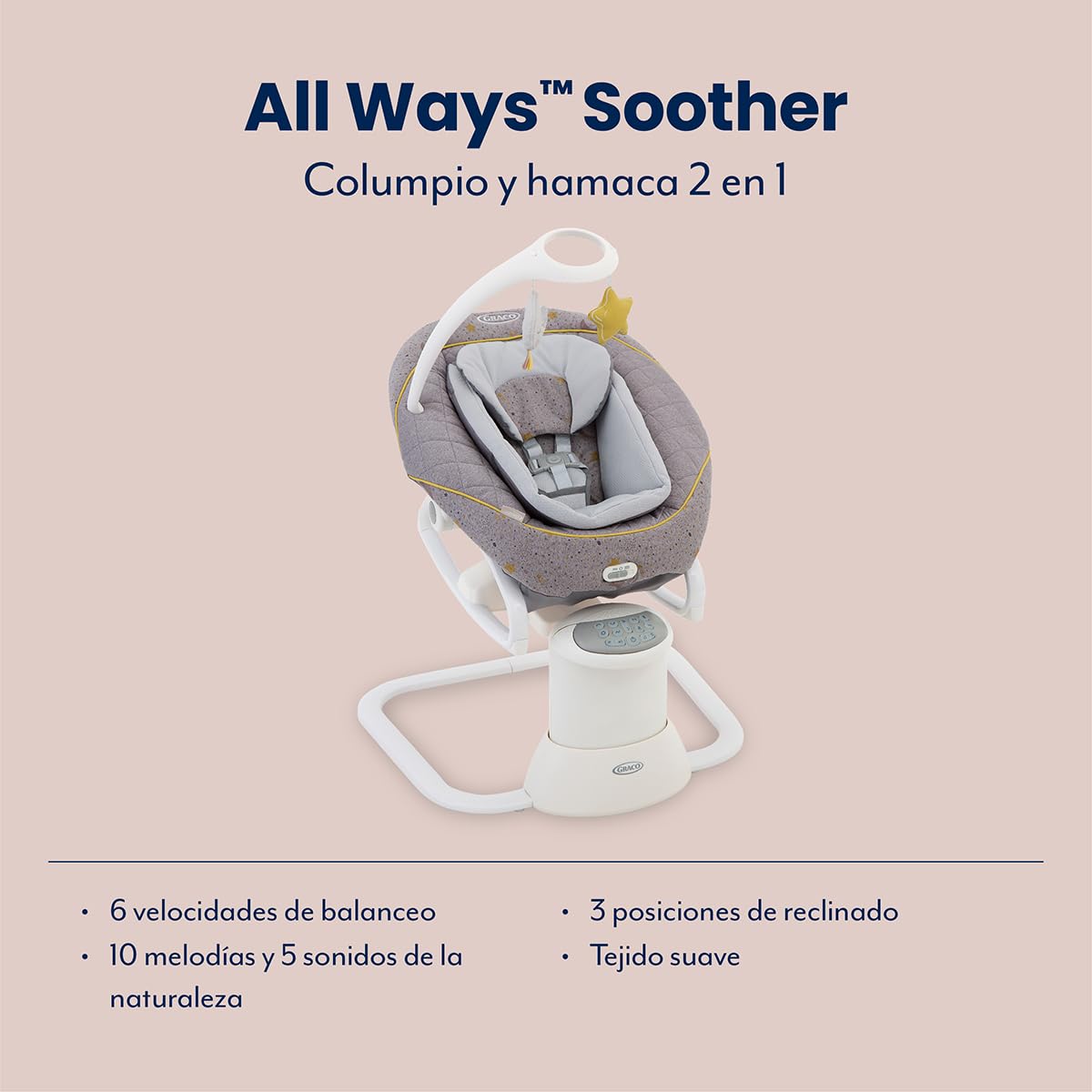 Graco All Ways Soother - Mecedora y sillita portátil para bebés 2 en 1, de recién nacidos a 9 meses aproximadamente (0-9 kg), con vibración y velocidad de balanceo ajustable, estampado Stargazer